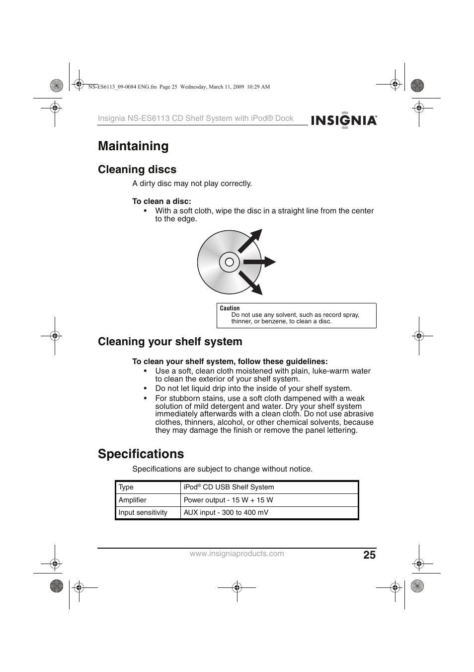 Maintaining, Specifications, Cleaning discs | Cleaning your shelf system | Insignia NS-ES6113 User Manual | Page 25 / 32