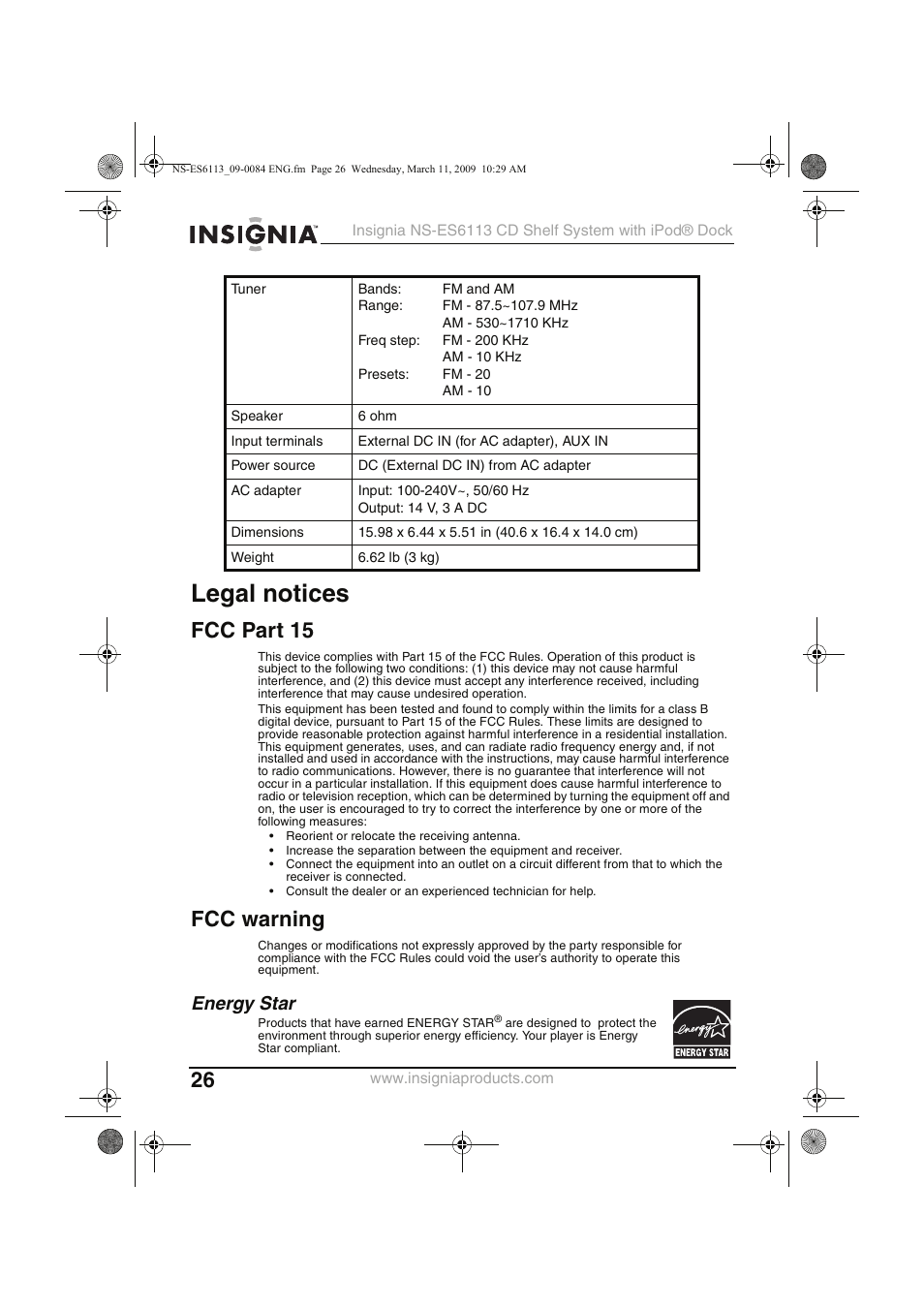 Legal notices, Fcc part 15, Fcc warning | Energy star | Insignia NS-ES6113 User Manual | Page 26 / 32