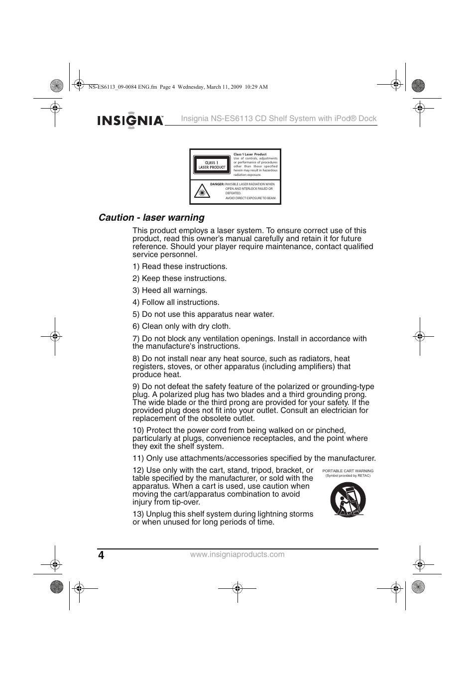 Caution - laser warning | Insignia NS-ES6113 User Manual | Page 4 / 32