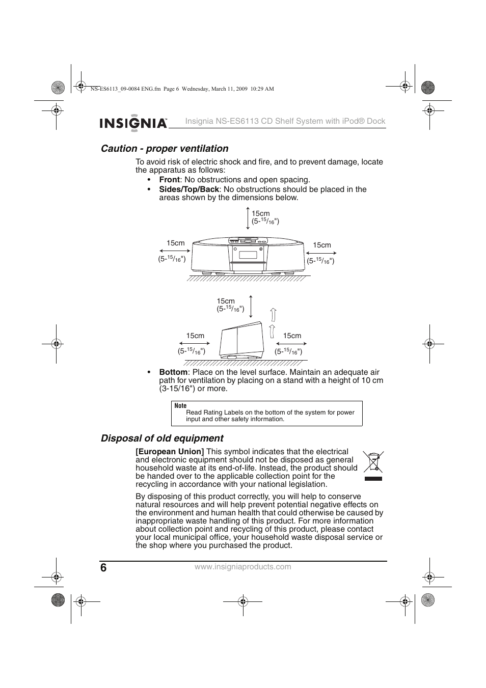 Caution - proper ventilation, Disposal of old equipment | Insignia NS-ES6113 User Manual | Page 6 / 32