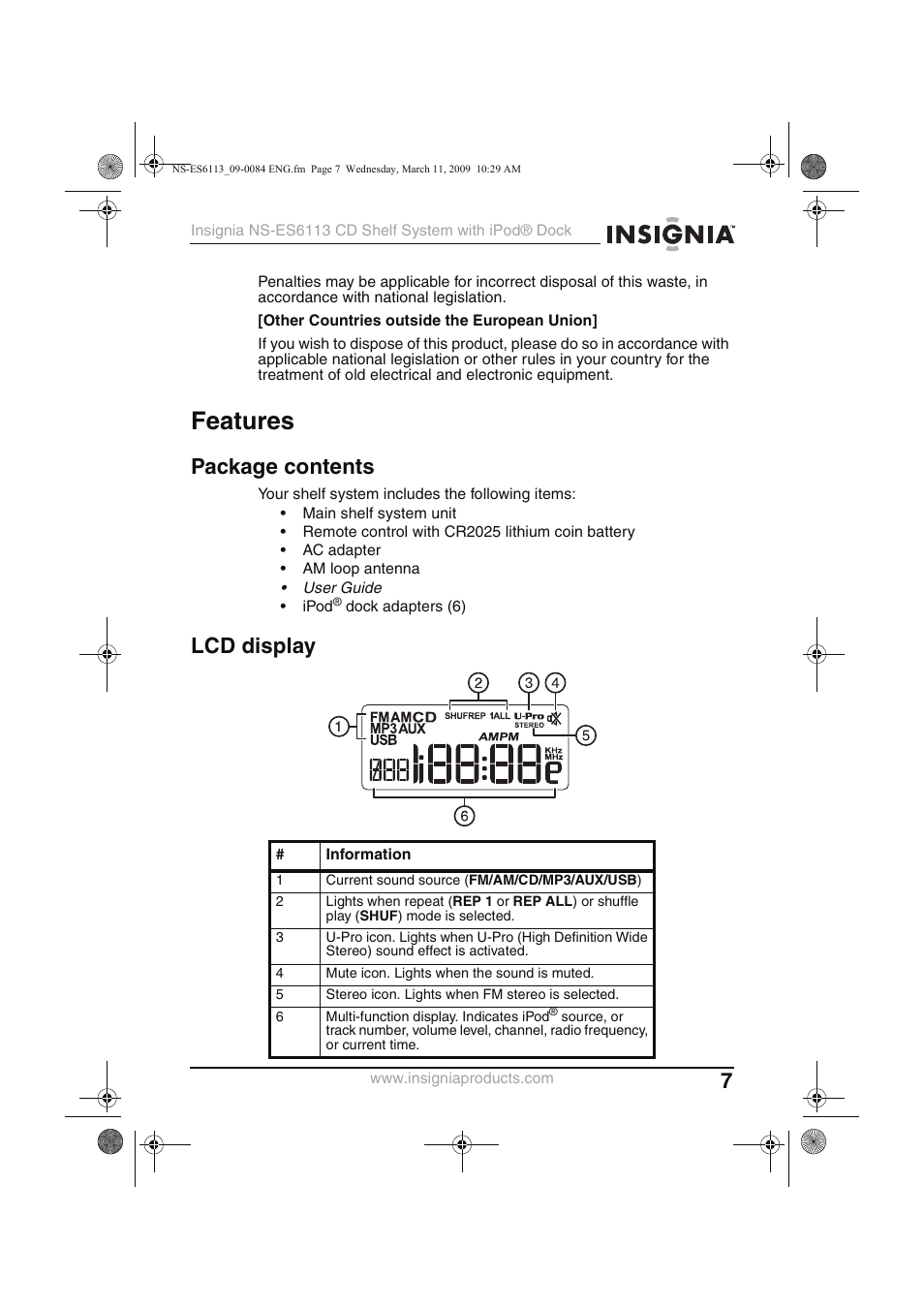 Features, Package contents, Lcd display | Insignia NS-ES6113 User Manual | Page 7 / 32
