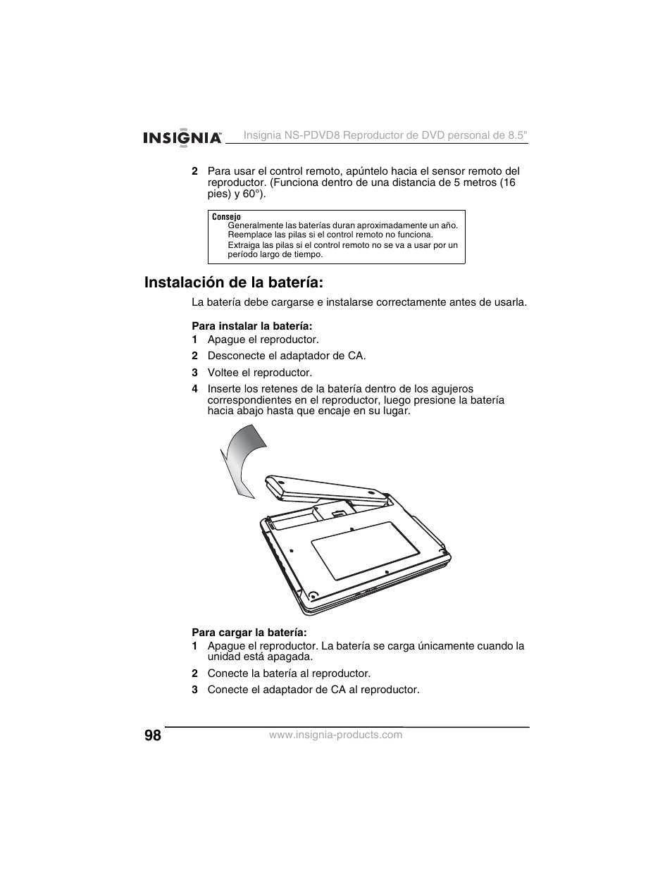 Instalación de la batería | Insignia NS-PDVD8 User Manual | Page 100 / 134