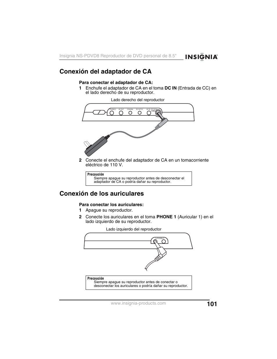 Conexión del adaptador de ca, Conexión de los auriculares | Insignia NS-PDVD8 User Manual | Page 103 / 134