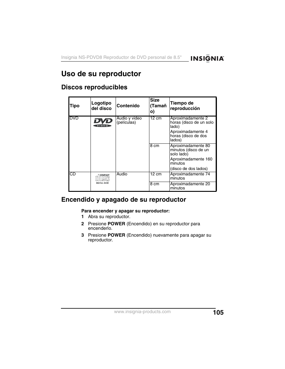 Uso de su reproductor | Insignia NS-PDVD8 User Manual | Page 107 / 134