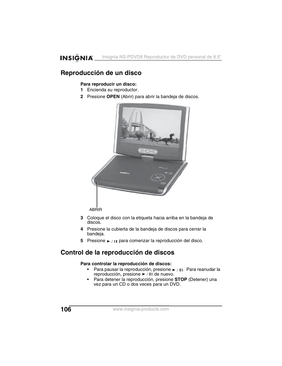 Reproducción de un disco, Control de la reproducción de discos | Insignia NS-PDVD8 User Manual | Page 108 / 134
