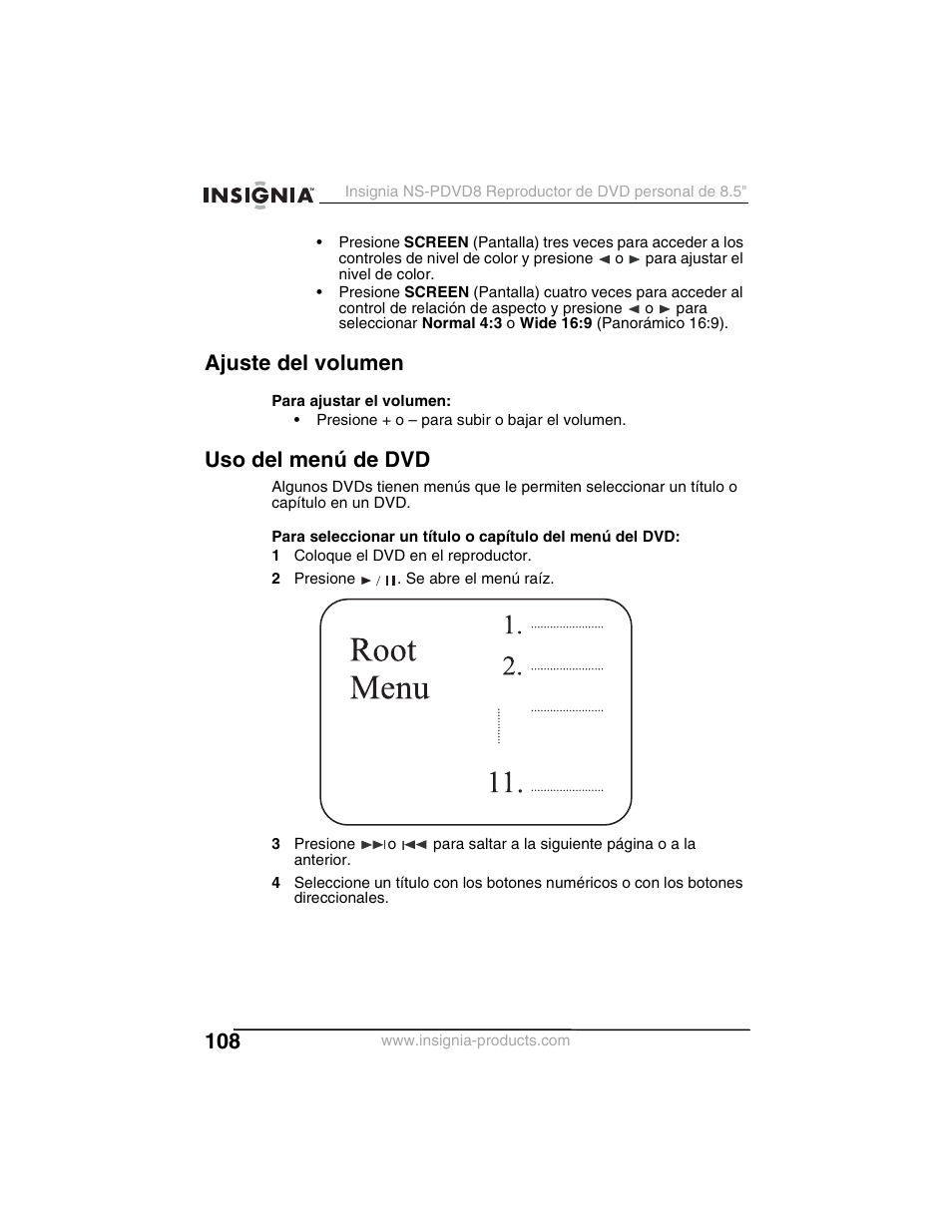 Ajuste del volumen, Uso del menú de dvd | Insignia NS-PDVD8 User Manual | Page 110 / 134