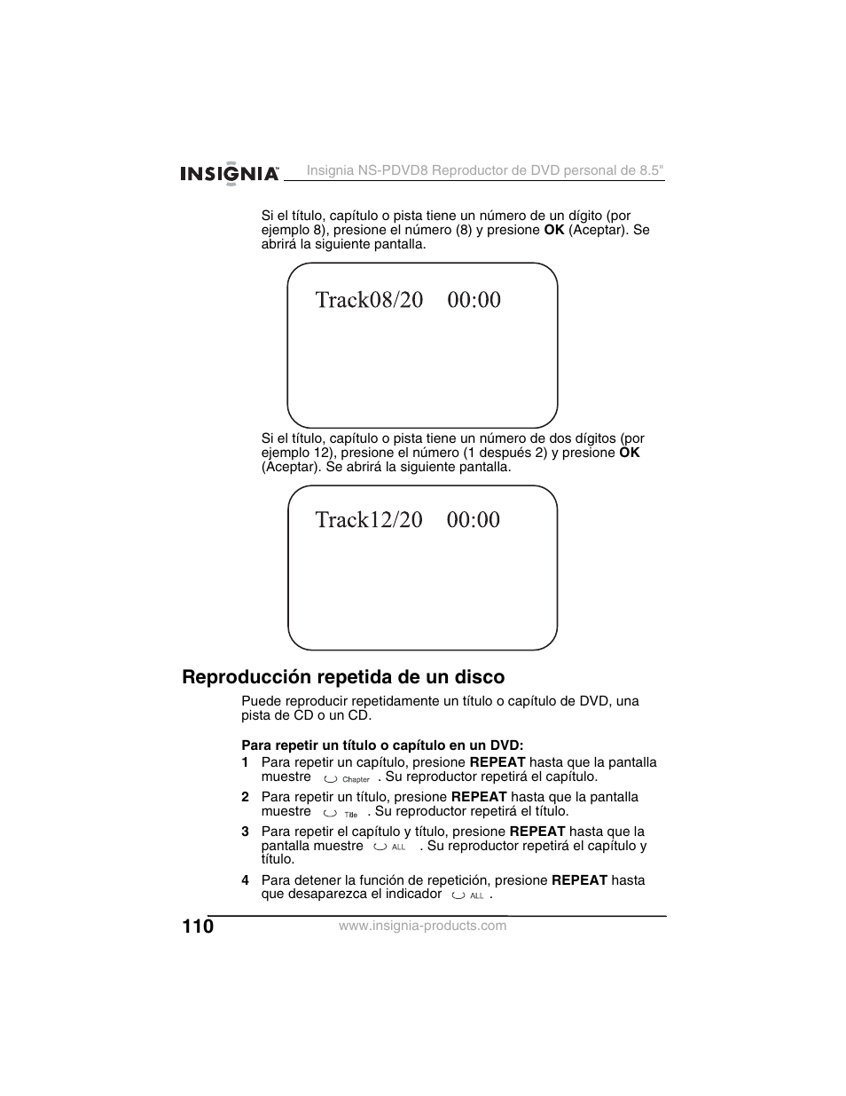 Reproducción repetida de un disco | Insignia NS-PDVD8 User Manual | Page 112 / 134