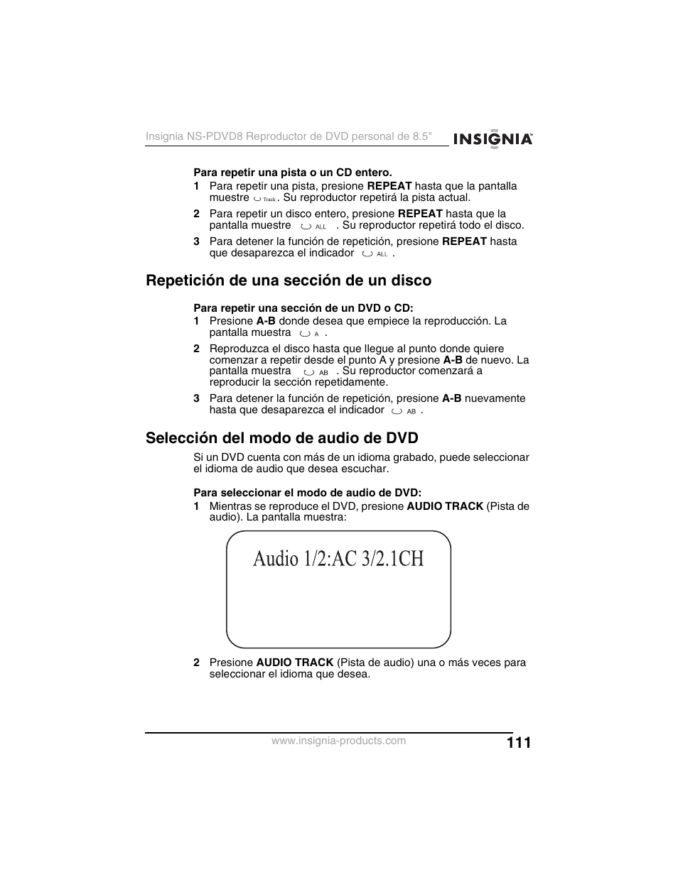 Repetición de una sección de un disco, Selección del modo de audio de dvd | Insignia NS-PDVD8 User Manual | Page 113 / 134