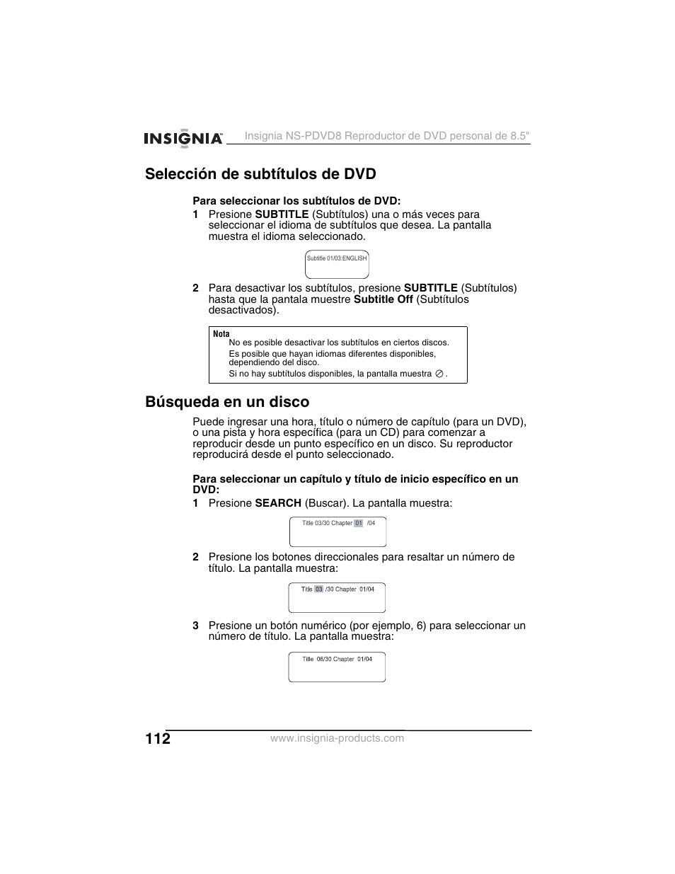 Selección de subtítulos de dvd, Búsqueda en un disco | Insignia NS-PDVD8 User Manual | Page 114 / 134