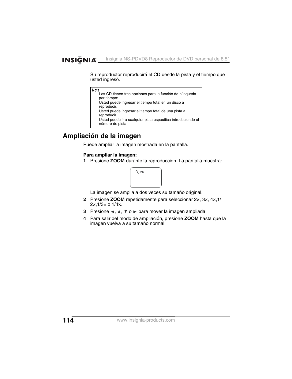 Ampliación de la imagen | Insignia NS-PDVD8 User Manual | Page 116 / 134