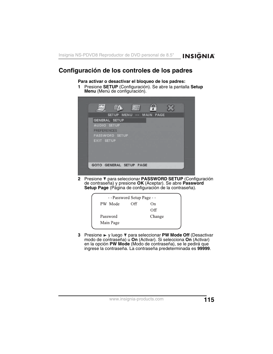 Configuración de los controles de los padres | Insignia NS-PDVD8 User Manual | Page 117 / 134