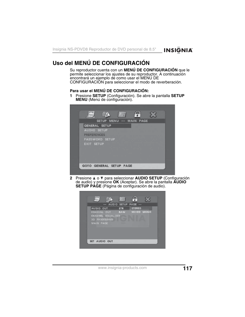 Uso del menú de configuración | Insignia NS-PDVD8 User Manual | Page 119 / 134