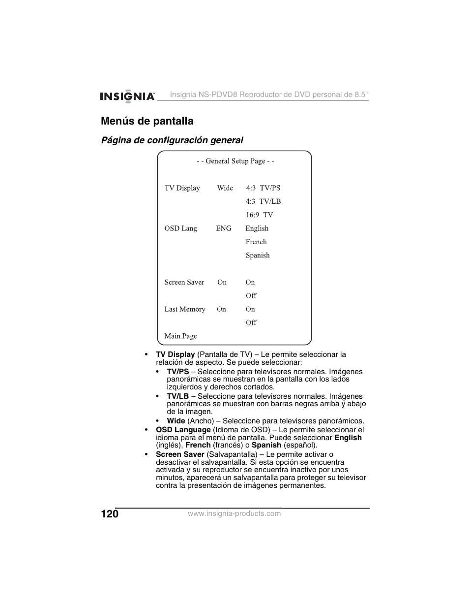 Menús de pantalla | Insignia NS-PDVD8 User Manual | Page 122 / 134