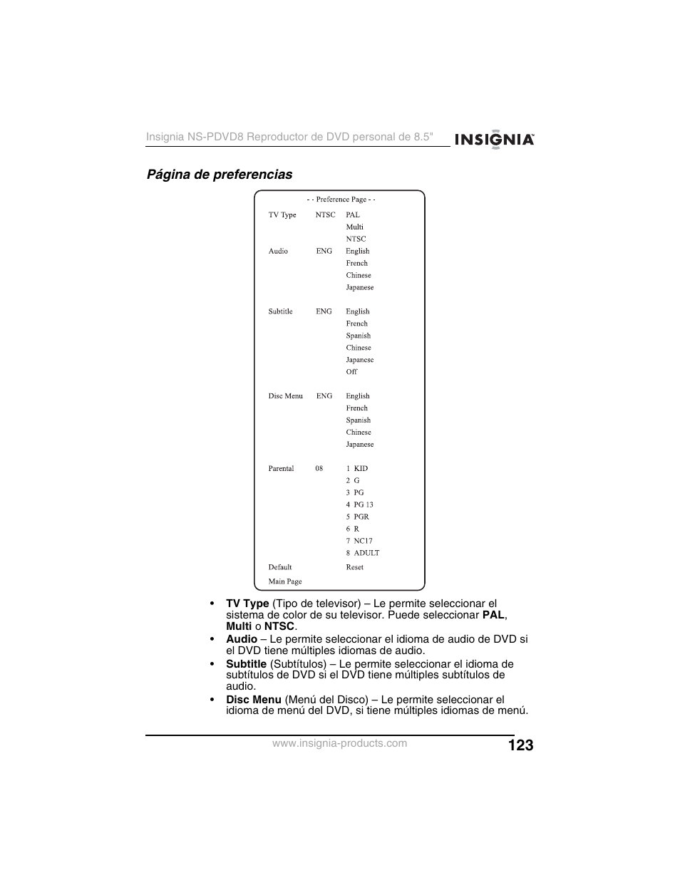 Insignia NS-PDVD8 User Manual | Page 125 / 134