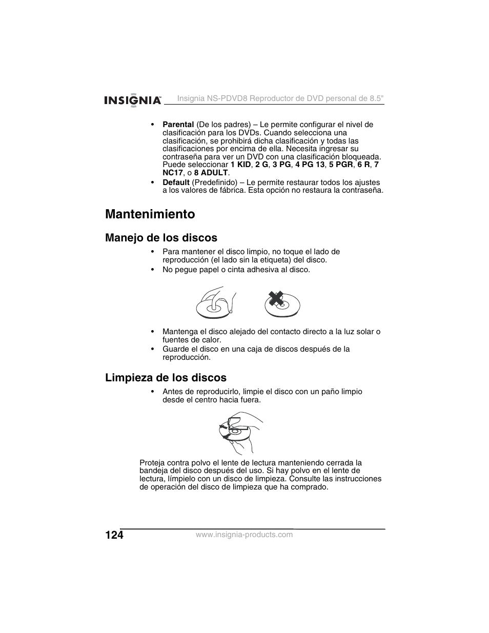 Mantenimiento, Manejo de los discos, Limpieza de los discos | Insignia NS-PDVD8 User Manual | Page 126 / 134