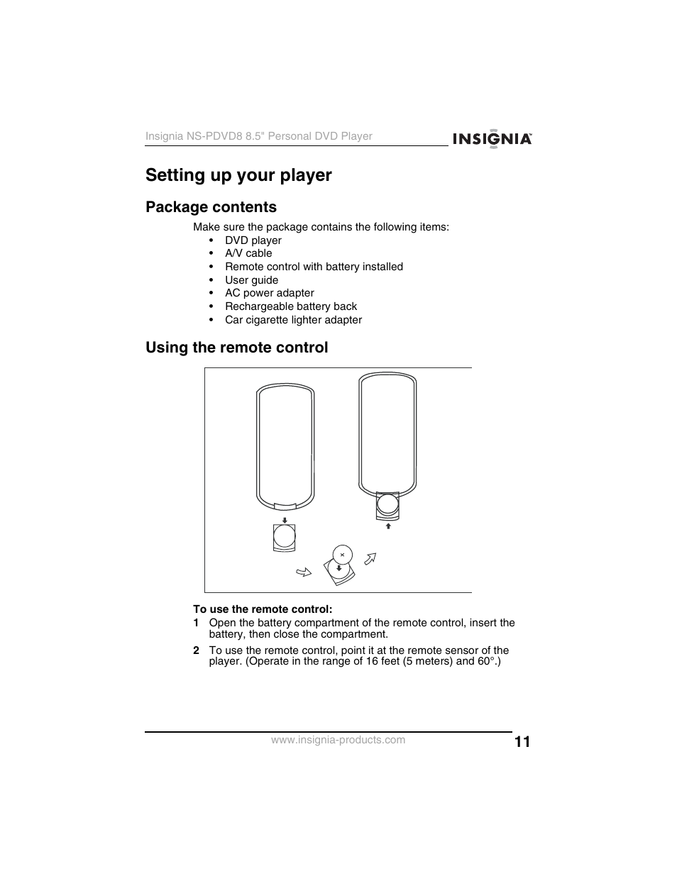 Setting up your player, Package contents, Using the remote control | Insignia NS-PDVD8 User Manual | Page 13 / 134
