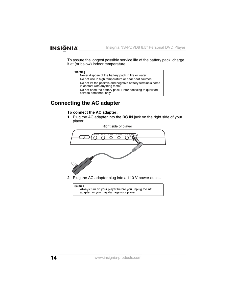 Connecting the ac adapter | Insignia NS-PDVD8 User Manual | Page 16 / 134