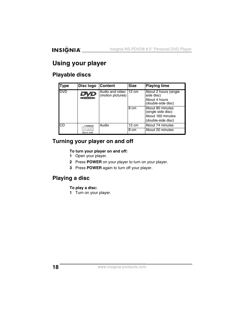 Using your player, Playable discs turning your player on and off, Playing a disc | Insignia NS-PDVD8 User Manual | Page 20 / 134