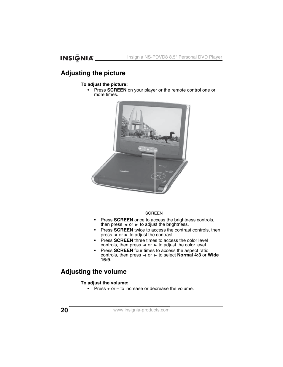 Adjusting the picture, Adjusting the volume | Insignia NS-PDVD8 User Manual | Page 22 / 134