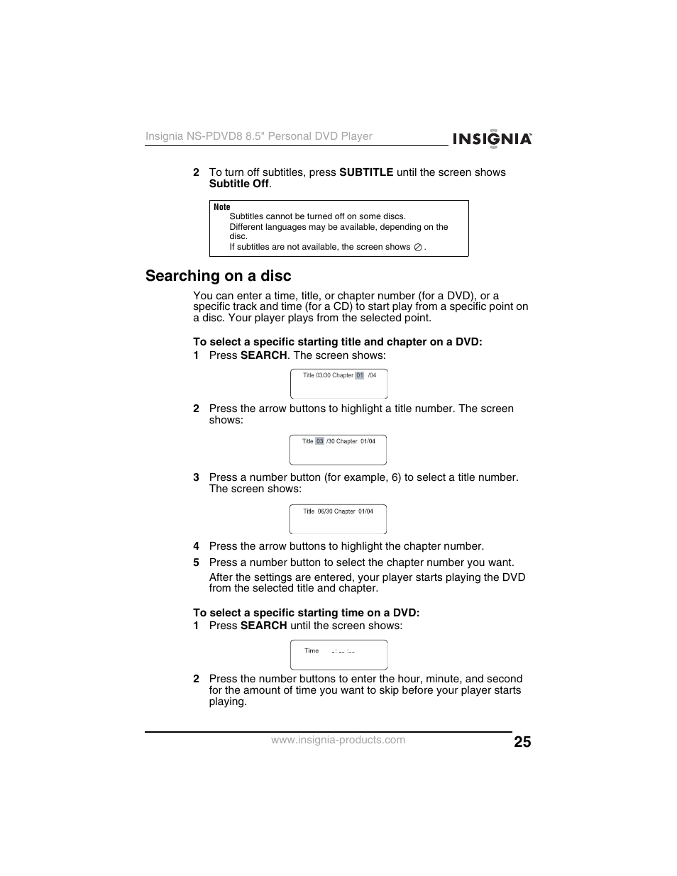Searching on a disc | Insignia NS-PDVD8 User Manual | Page 27 / 134