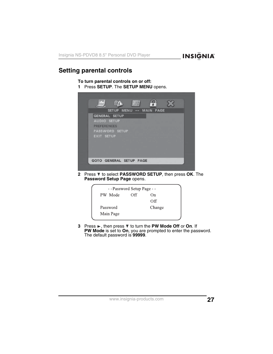 Setting parental controls | Insignia NS-PDVD8 User Manual | Page 29 / 134