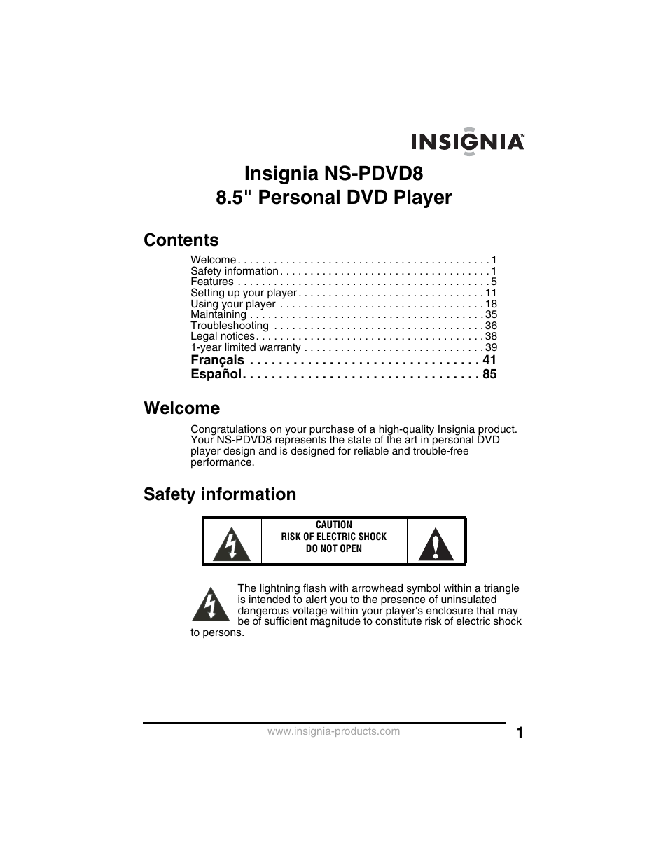 Insignia NS-PDVD8 User Manual | Page 3 / 134
