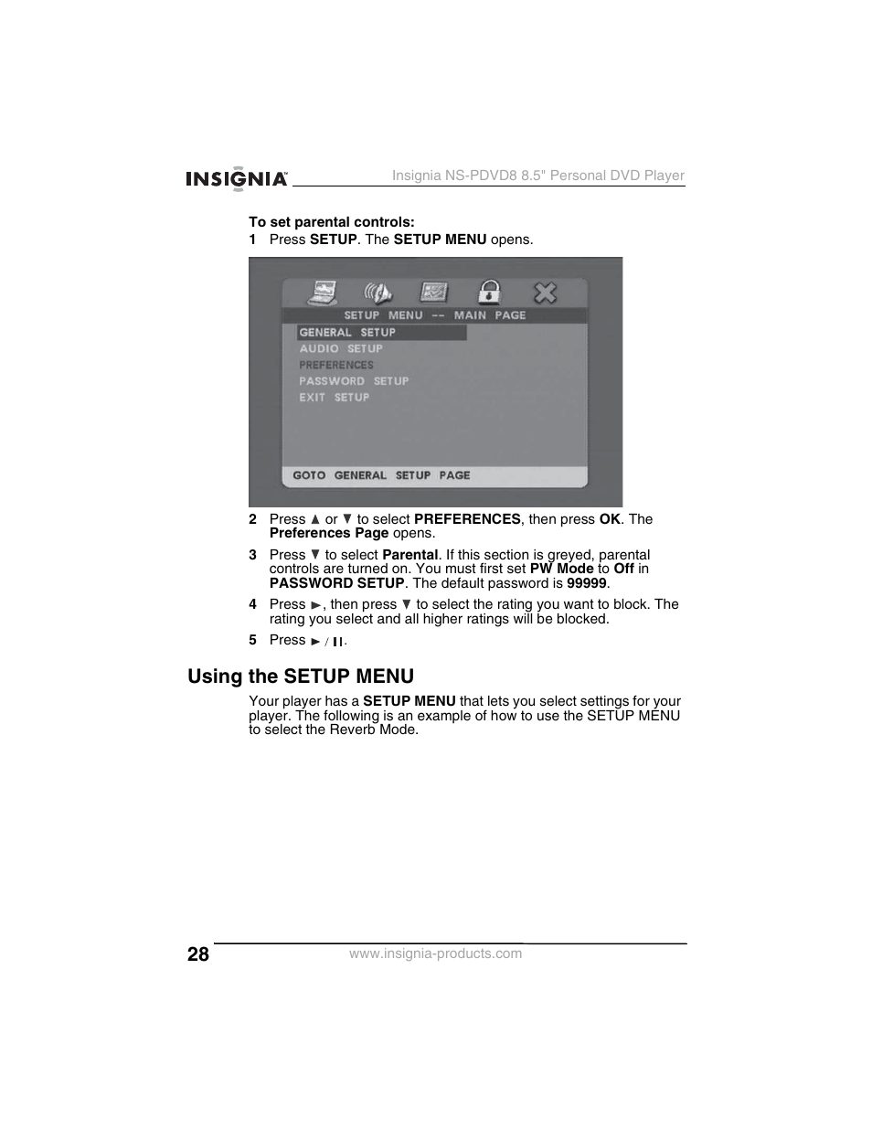 Using the setup menu | Insignia NS-PDVD8 User Manual | Page 30 / 134