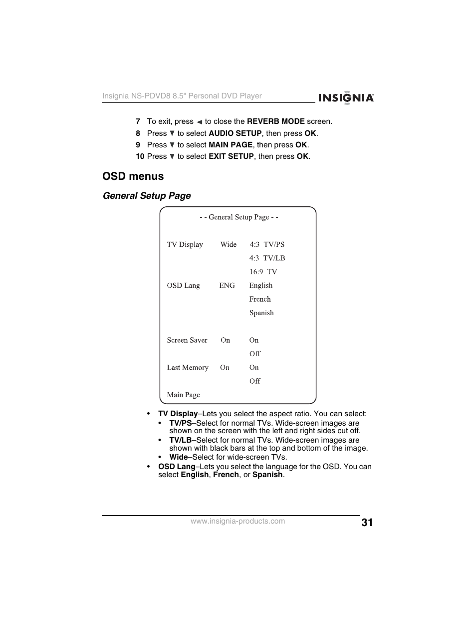 Osd menus | Insignia NS-PDVD8 User Manual | Page 33 / 134