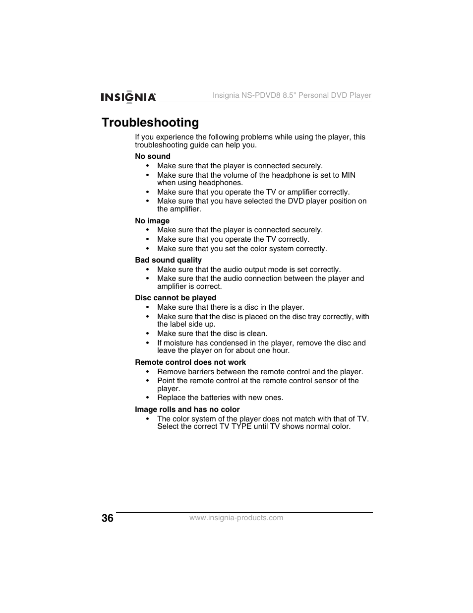 Troubleshooting | Insignia NS-PDVD8 User Manual | Page 38 / 134