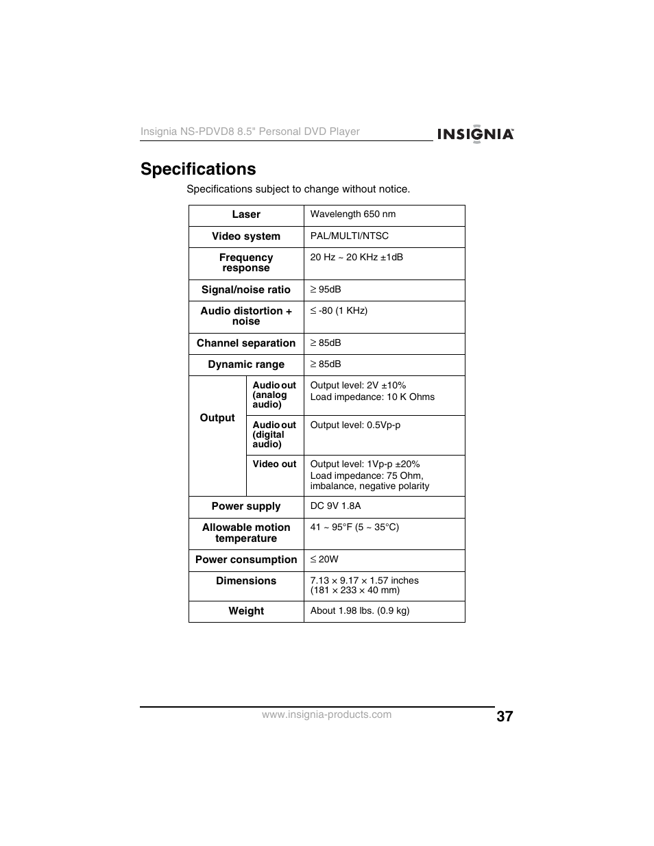 Specifications | Insignia NS-PDVD8 User Manual | Page 39 / 134