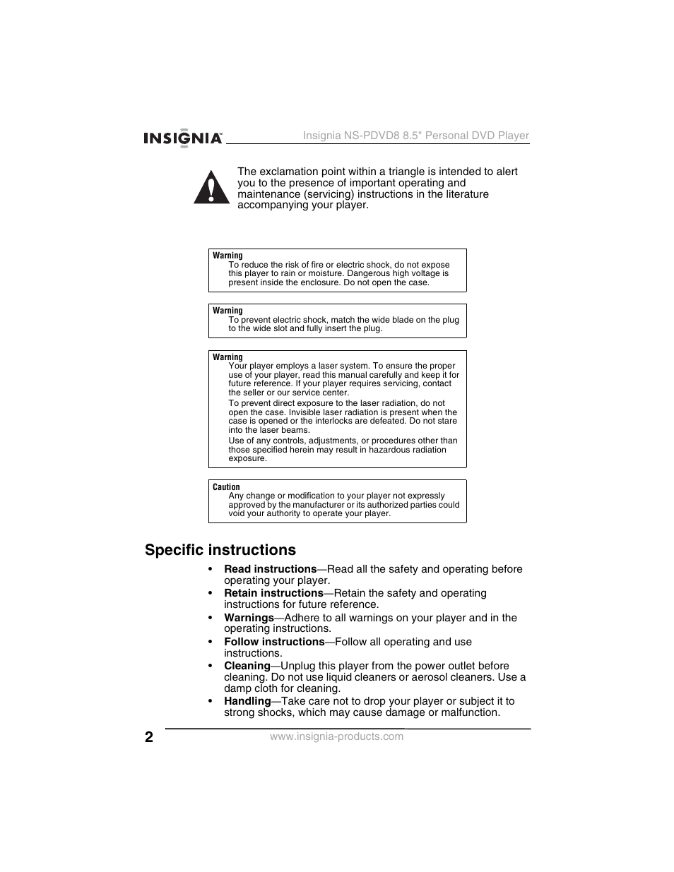 Specific instructions | Insignia NS-PDVD8 User Manual | Page 4 / 134