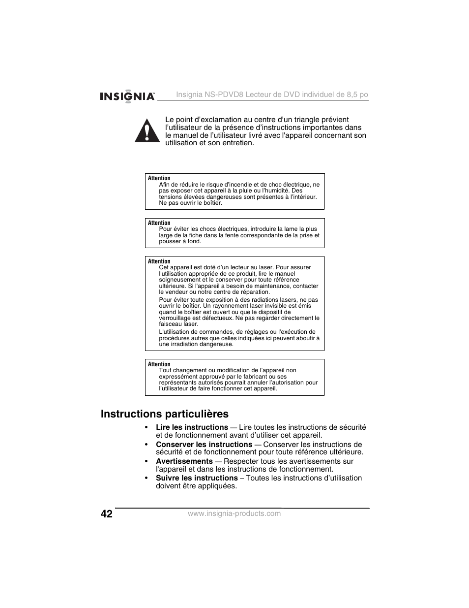 Instructions particulières | Insignia NS-PDVD8 User Manual | Page 44 / 134