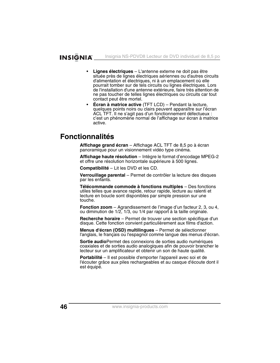 Fonctionnalités | Insignia NS-PDVD8 User Manual | Page 48 / 134