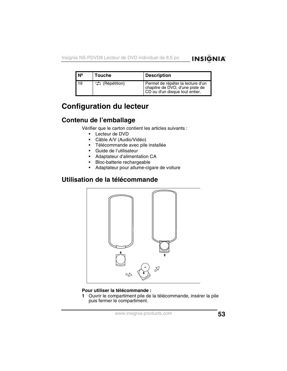 Configuration du lecteur, Contenu de l’emballage, Utilisation de la télécommande | Insignia NS-PDVD8 User Manual | Page 55 / 134