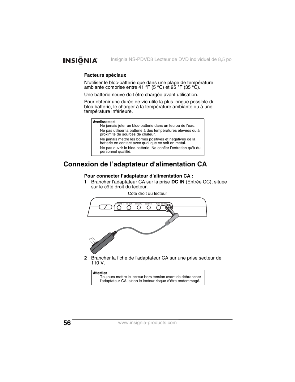 Connexion de l’adaptateur d'alimentation ca | Insignia NS-PDVD8 User Manual | Page 58 / 134