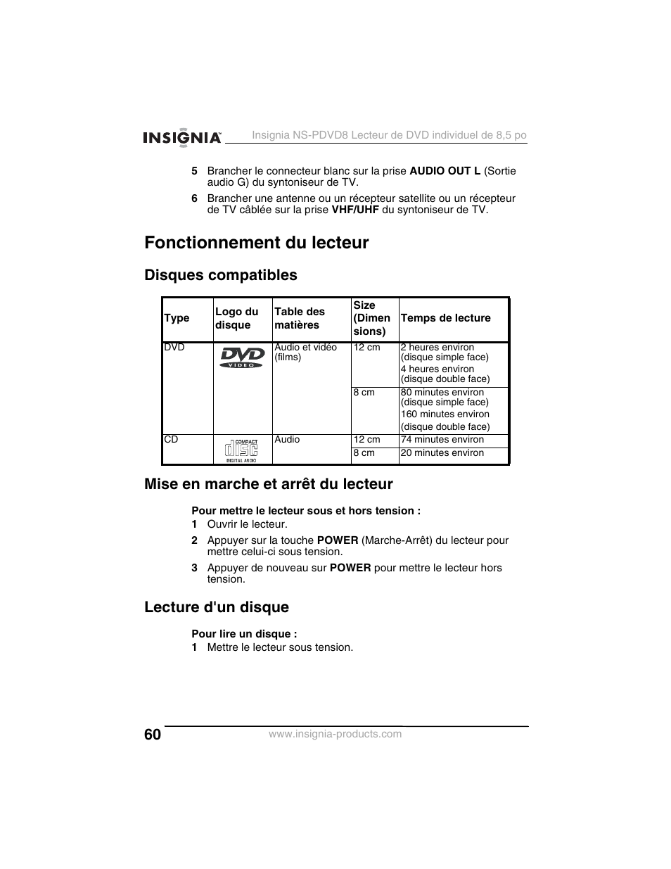 Fonctionnement du lecteur, Lecture d'un disque | Insignia NS-PDVD8 User Manual | Page 62 / 134