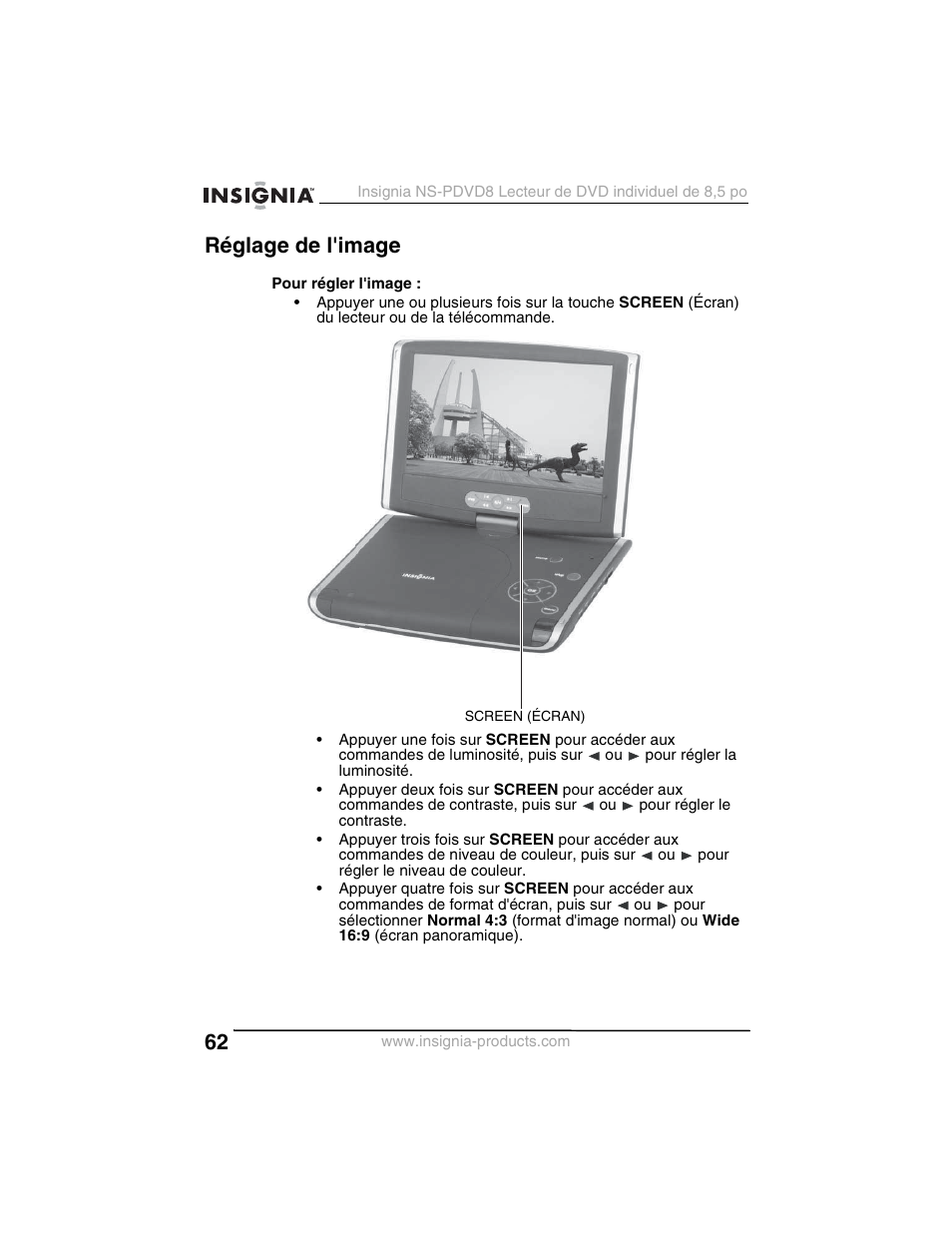 Réglage de l'image | Insignia NS-PDVD8 User Manual | Page 64 / 134