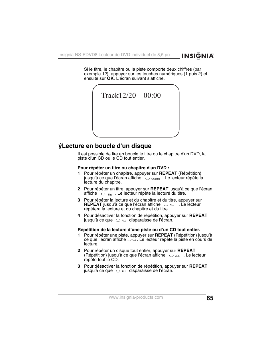 Ýlecture en boucle d'un disque | Insignia NS-PDVD8 User Manual | Page 67 / 134