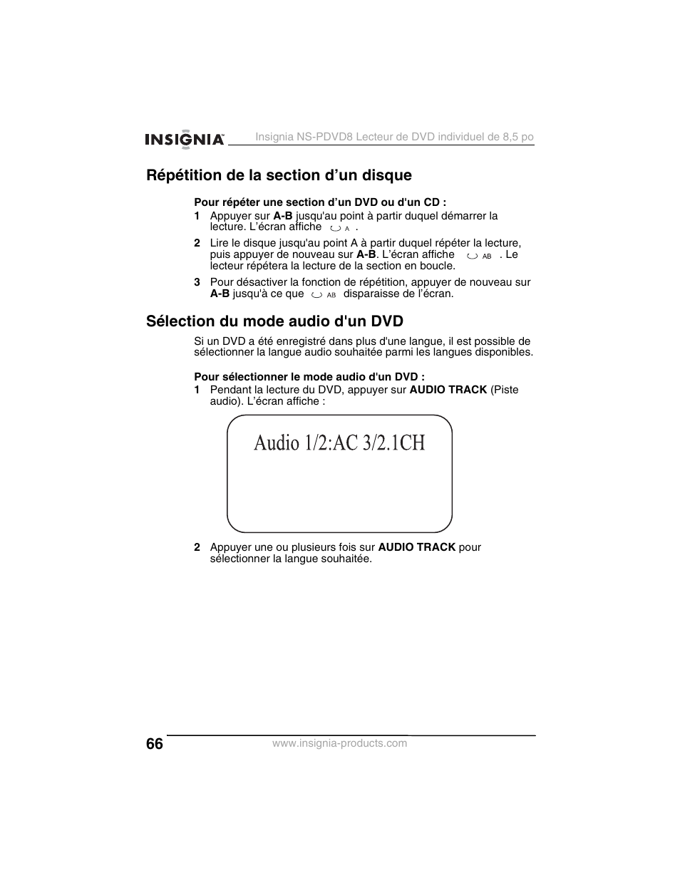 Sélection du mode audio d'un dvd | Insignia NS-PDVD8 User Manual | Page 68 / 134
