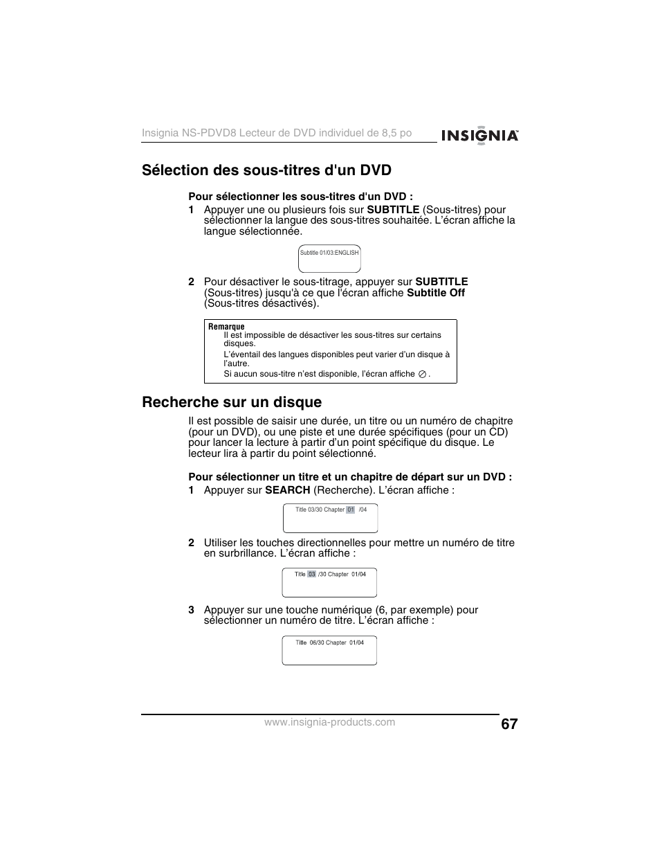 Sélection des sous-titres d'un dvd, Recherche sur un disque | Insignia NS-PDVD8 User Manual | Page 69 / 134