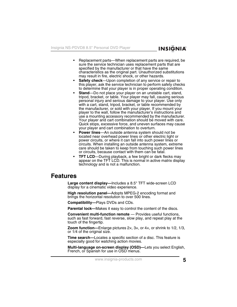 Features | Insignia NS-PDVD8 User Manual | Page 7 / 134