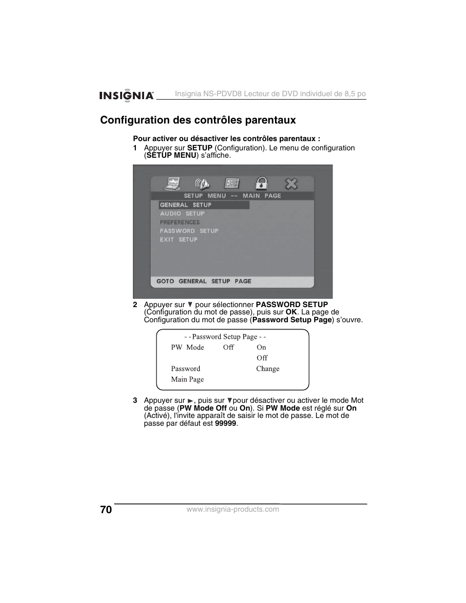 Configuration des contrôles parentaux | Insignia NS-PDVD8 User Manual | Page 72 / 134