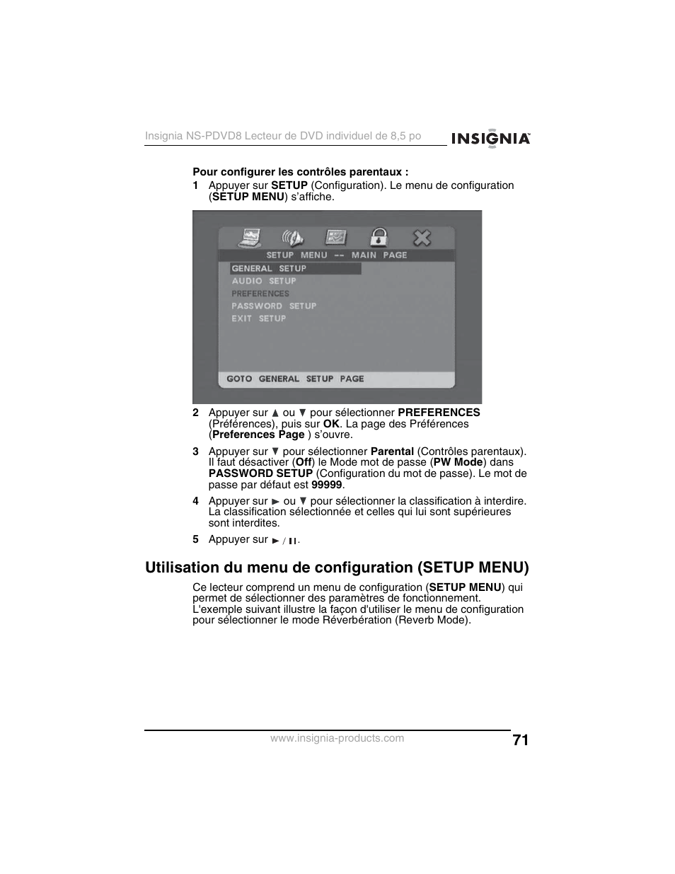 Utilisation du menu de configuration (setup menu) | Insignia NS-PDVD8 User Manual | Page 73 / 134