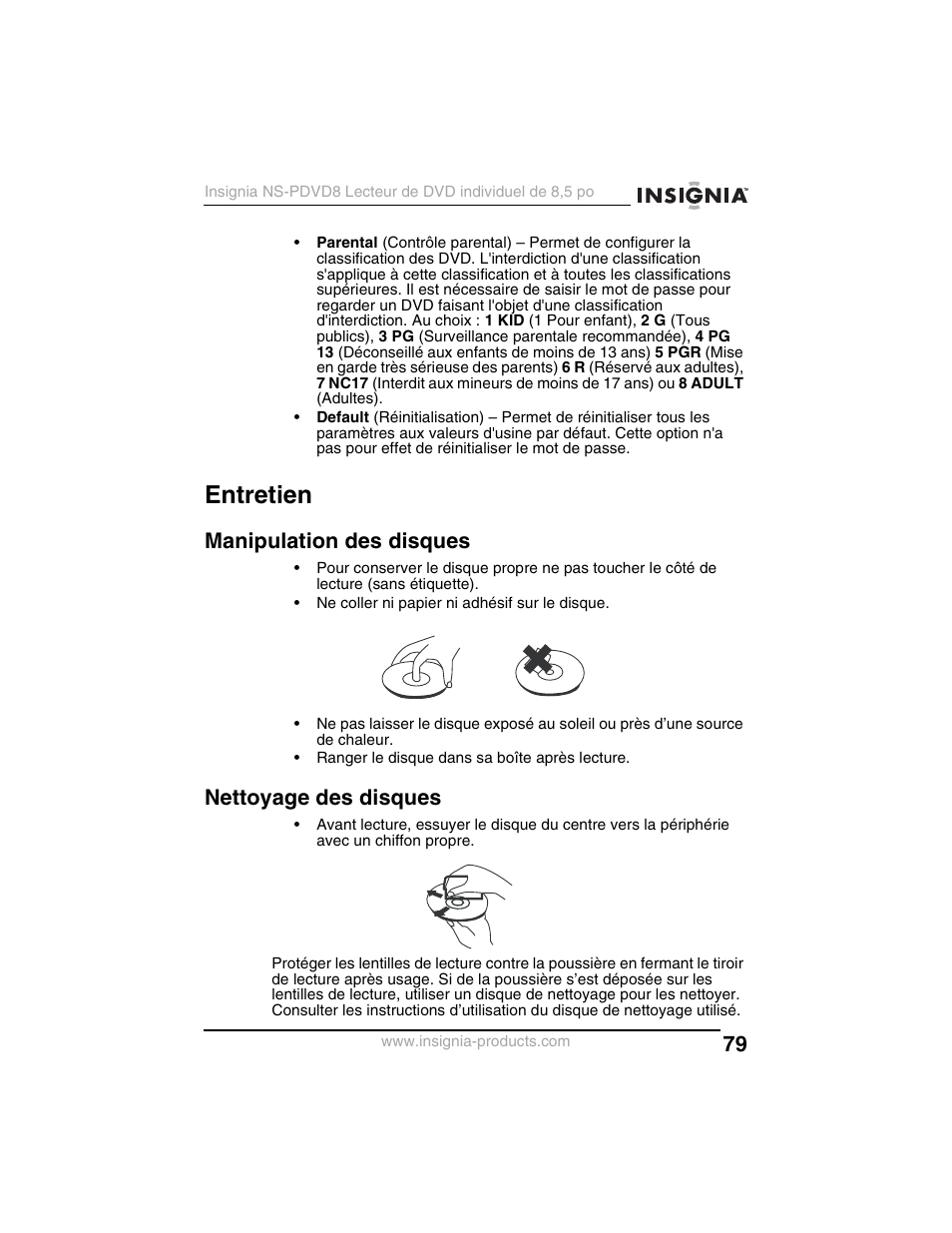 Entretien, Manipulation des disques, Nettoyage des disques | Insignia NS-PDVD8 User Manual | Page 81 / 134