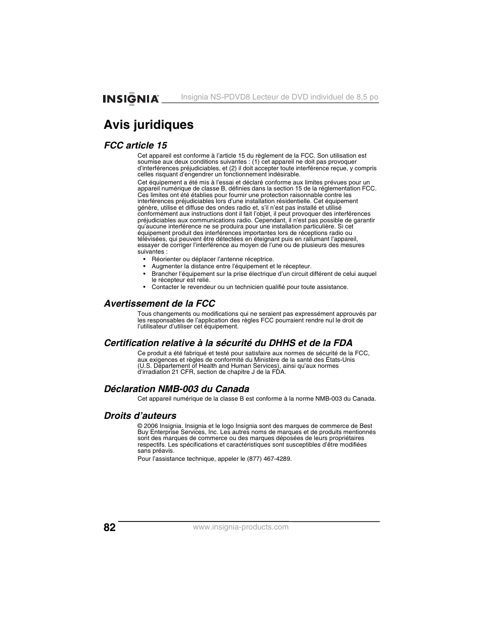 Avis juridiques, Fcc article 15, Avertissement de la fcc | Déclaration nmb-003 du canada, Droits d’auteurs | Insignia NS-PDVD8 User Manual | Page 84 / 134