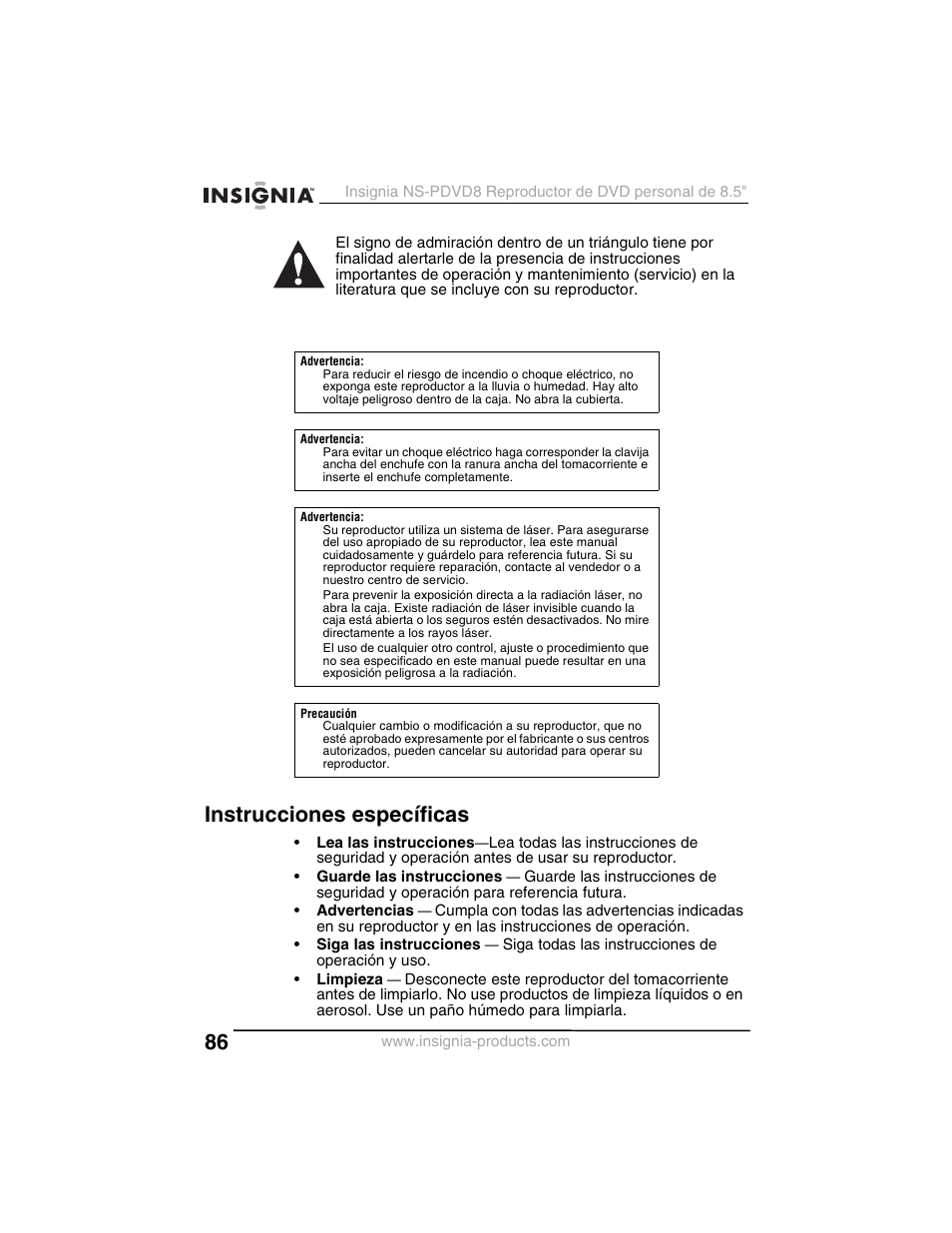 Instrucciones específicas | Insignia NS-PDVD8 User Manual | Page 88 / 134