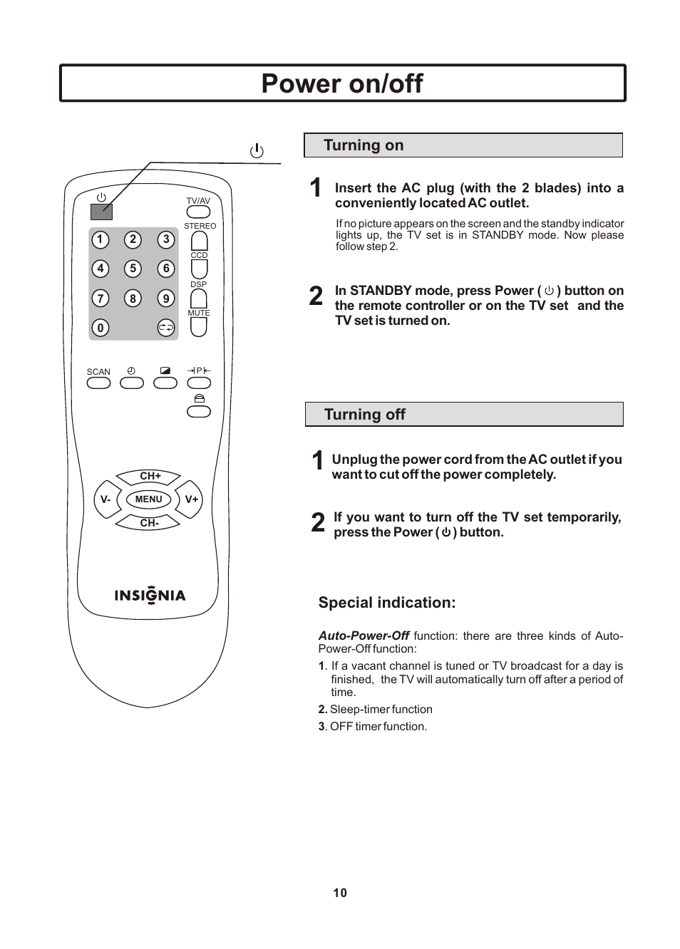 页面 11, Power on/off | Insignia IS-TV040922 User Manual | Page 11 / 29