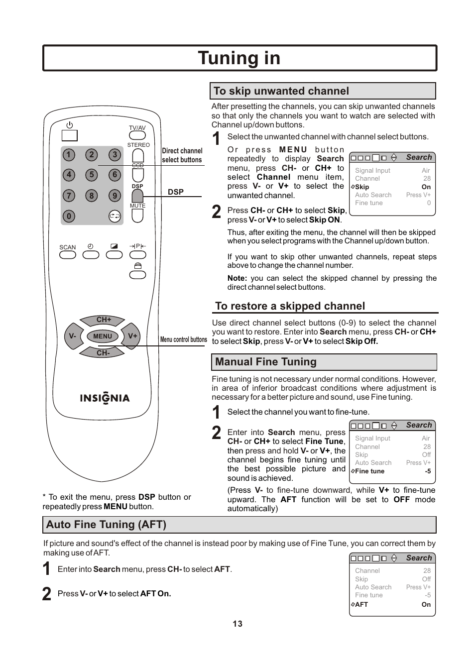 页面 14, Tuning in, Auto fine tuning (aft) | Insignia IS-TV040922 User Manual | Page 14 / 29