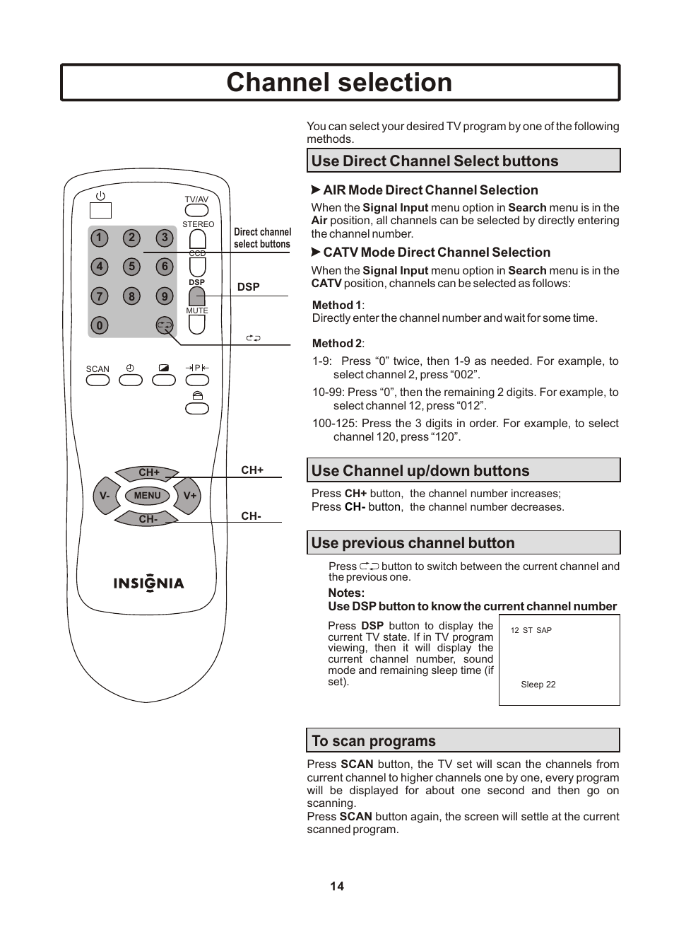 页面 15, Channel selection, Use previous channel button | Insignia IS-TV040922 User Manual | Page 15 / 29