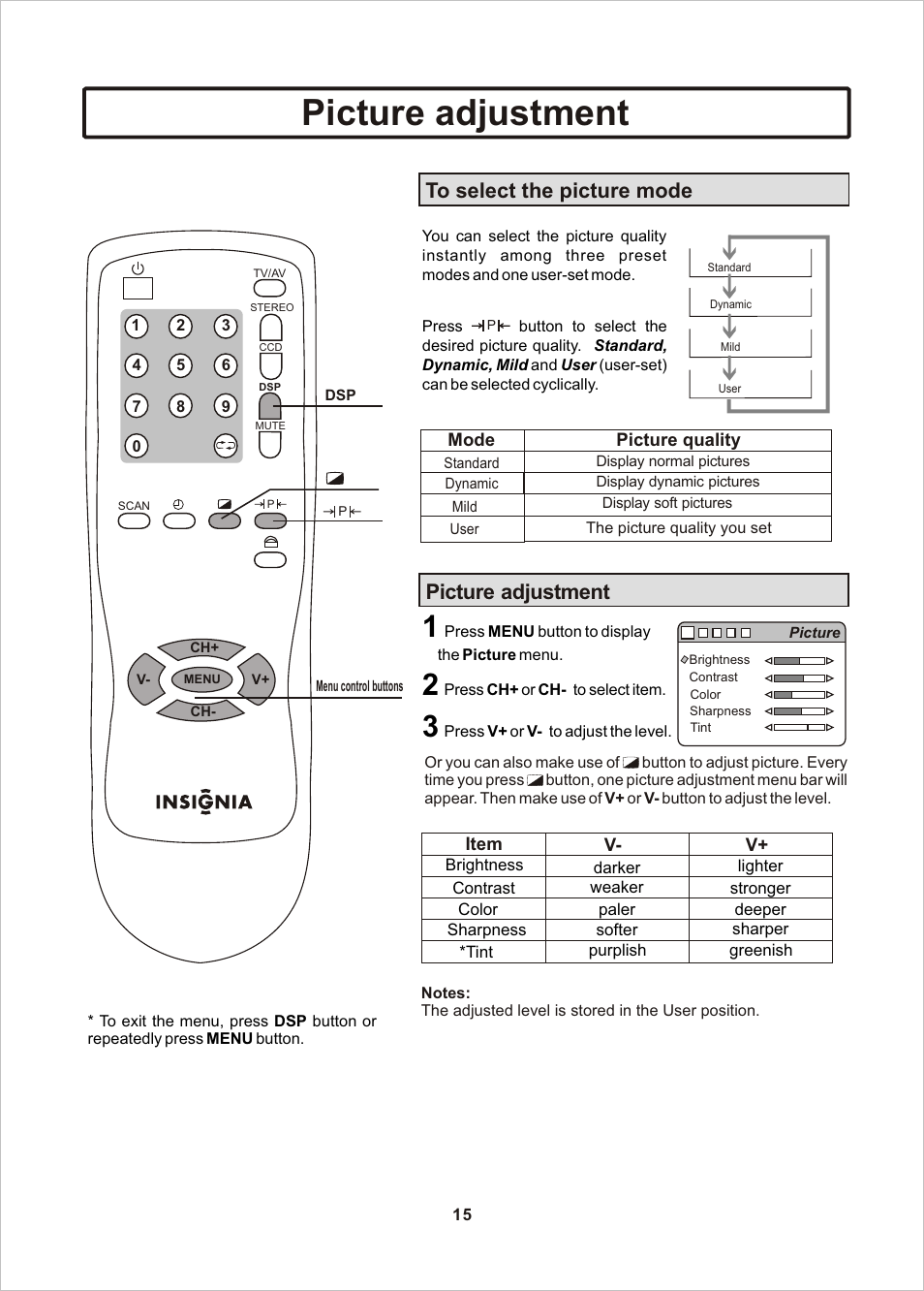 页面 16, Picture adjustment | Insignia IS-TV040922 User Manual | Page 16 / 29
